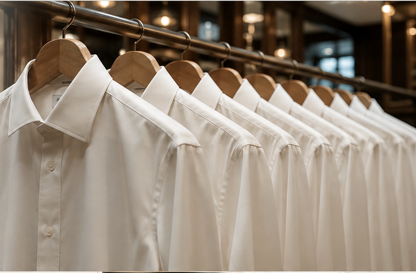 A neat row of freshly finished white shirts on wooden hangers